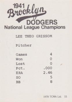 1978 TCMA 1941 Brooklyn Dodgers - Blue Border #15 Lee Grissom Back