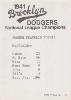 1978 TCMA 1941 Brooklyn Dodgers - Blue Border #17 Joe Vosmik Back