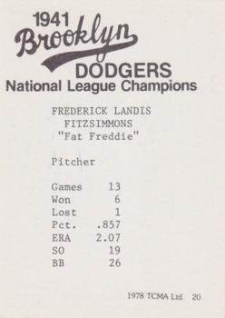 1978 TCMA 1941 Brooklyn Dodgers - Blue Border #20 Freddie Fitzsimmons Back