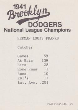 1978 TCMA 1941 Brooklyn Dodgers - Blue Border #24 Herman Franks Back