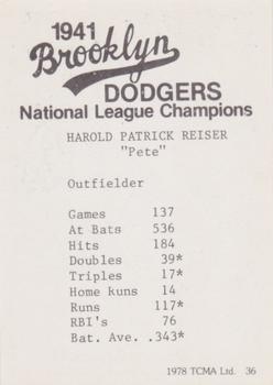 1978 TCMA 1941 Brooklyn Dodgers - Blue Border #36 Pete Reiser Back