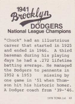 1978 TCMA 1941 Brooklyn Dodgers - Blue Border #43 Chuck Dressen Back