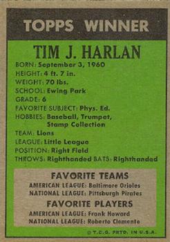 1972 Topps Winners #NNO Tim J. Harlan Back