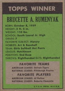 1972 Topps Winners #NNO Brucette C. Rumenyak Back