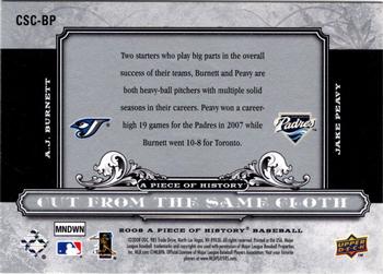 2008 Upper Deck A Piece of History - Cut From the Same Cloth Silver #CSC-BP A.J. Burnett / Jake Peavy Back