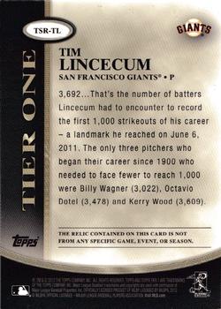 2012 Topps Tier One - Relics #TSR-TL Tim Lincecum Back
