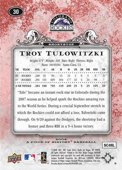 2008 Upper Deck A Piece of History - Red #30 Troy Tulowitzki Back