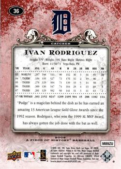 2008 Upper Deck A Piece of History - Red #36 Ivan Rodriguez Back