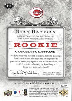 2008 Upper Deck A Piece of History - Rookie Autographs #111 Ryan Hanigan Back