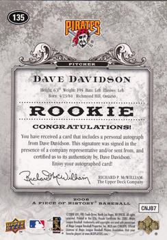 2008 Upper Deck A Piece of History - Rookie Autographs #135 Dave Davidson Back