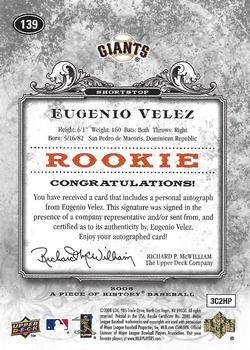 2008 Upper Deck A Piece of History - Rookie Autographs #139 Eugenio Velez Back