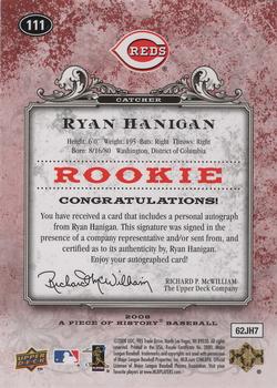 2008 Upper Deck A Piece of History - Rookie Autographs Red #111 Ryan Hanigan Back