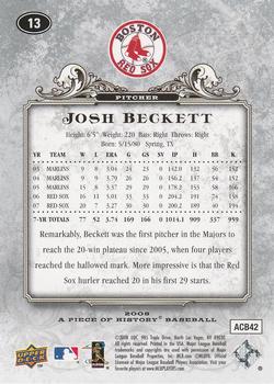 2008 Upper Deck A Piece of History - Silver #13 Josh Beckett Back