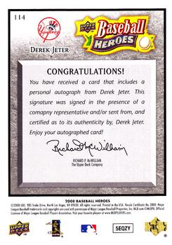 2008 Upper Deck Baseball Heroes - Autographs Charcoal #114 Derek Jeter Back