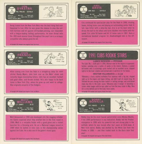 1991 Baseball Cards Magazine '66 Topps Replicas - Panels #1-6 Eric Davis / Cubs Rookies (Lance Dickson / Hector Villanueva) / Bobby Bonilla / Len Dykstra / John Franco / Matt Williams Back