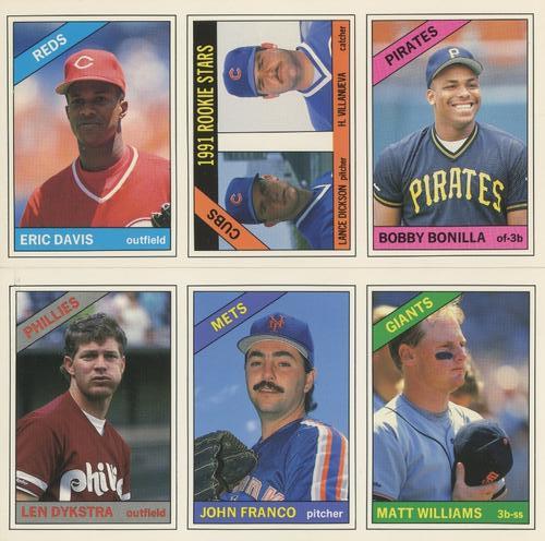1991 Baseball Cards Magazine '66 Topps Replicas - Panels #1-6 Eric Davis / Cubs Rookies (Lance Dickson / Hector Villanueva) / Bobby Bonilla / Len Dykstra / John Franco / Matt Williams Front