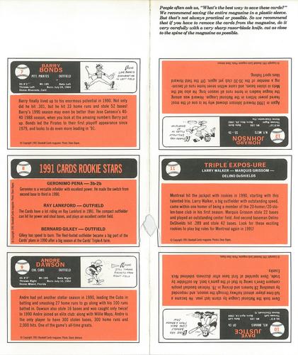 1991 Baseball Cards Magazine '66 Topps Replicas - Panels #7-12 Barry Bonds / Geronimo Pena / Ray Lankford / Bernard Gilkey / Andre Dawson / Dave Justice / Larry Walker / Marquis Grissom / Delino DeShields  / Howard Johnson Back