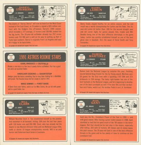 1991 Baseball Cards Magazine '66 Topps Replicas - Panels #13-18 Darryl Strawberry / Astros Rookies (Karl Rhodes / Andujar Cedeno / Mike Simms) / Will Clark / Barry Larkin / Ramon Martinez / Ron Gant Back