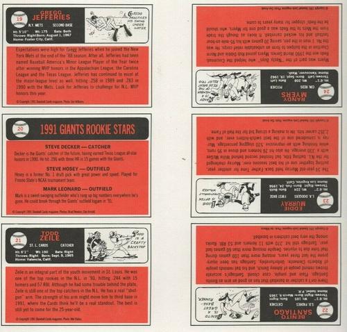 1991 Baseball Cards Magazine '66 Topps Replicas - Panels #19-24 Gregg Jefferies / Giants Rookies (Steve Decker / Steve Hosey / Mark Leonard) / Todd Zeile / Benito Santiago / Eddie Murray / Randy Myers Back