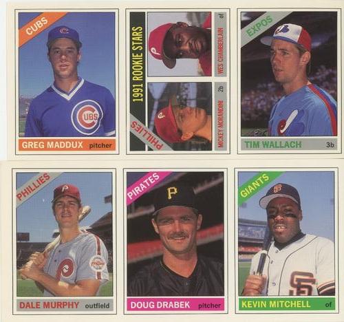 1991 Baseball Cards Magazine '66 Topps Replicas - Panels #25-30 Greg Maddux / Phillies Rookies (Mickey Morandini / Wes Chamberlain) / Tim Wallach / Dale Murphy / Doug Drabek / Kevin Mitchell Front