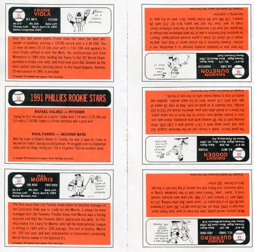 1991 Baseball Cards Magazine '66 Topps Replicas - Panels #31-36 Frank Viola / Padres Rookies (Rafael Valdez / Paul Faries) / Hal Morris / Pedro Guerrero / Dwight Gooden / Shawon Dunston Back