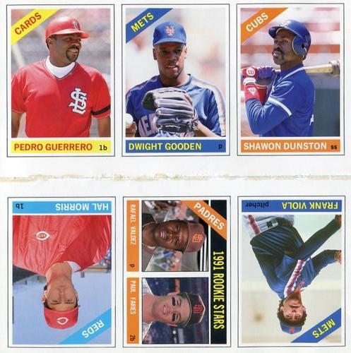 1991 Baseball Cards Magazine '66 Topps Replicas - Panels #31-36 Frank Viola / Padres Rookies (Rafael Valdez / Paul Faries) / Hal Morris / Pedro Guerrero / Dwight Gooden / Shawon Dunston Front