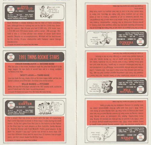 1991 Baseball Cards Magazine '66 Topps Replicas - Panels #49-54 Dave Winfield / Twins Rookies (Chuck Knoblauch / Scott Leius / Willie Banks) / Joe Carter / Cal Ripken Jr. / Carlton Fisk / Julio Franco Back