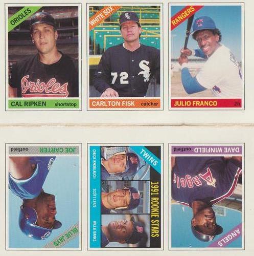 1991 Baseball Cards Magazine '66 Topps Replicas - Panels #49-54 Dave Winfield / Twins Rookies (Chuck Knoblauch / Scott Leius / Willie Banks) / Joe Carter / Cal Ripken Jr. / Carlton Fisk / Julio Franco Front