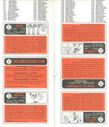 1991 Baseball Cards Magazine '66 Topps Replicas - Panels #61-66 Chuck Finley / Rangers Rookies (Dean Palmer / Ivan Rodriguez / Gerald Alexander) / Scott Erickson / Paul Molitor / Triple Terrors (Cecil Fielder / Jose Canseco / Mark McGwire) / Dennis Eckersley Back