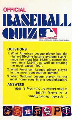 1972 Fleer Official Major League Patches - Official Baseball Quiz Cards #NNO Orioles-Twins, 3 questions Front