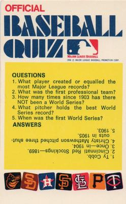 1972 Fleer Official Major League Patches - Official Baseball Quiz Cards #NNO Orioles-Twins, 5 questions Front