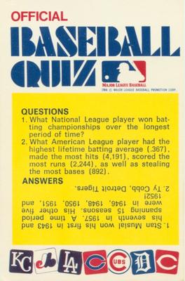 1972 Fleer Official Major League Patches - Official Baseball Quiz Cards #NNO Royals-Reds, 2 questions Front