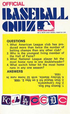 1972 Fleer Official Major League Patches - Official Baseball Quiz Cards #NNO Royals-Reds, 4 questions Front