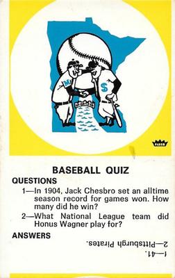 1970 Fleer Official Major League Patches - Quiz Cards #NNO Minnesota Twins Front