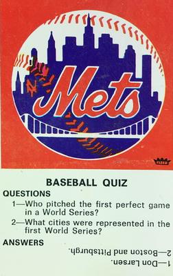 1970 Fleer Official Major League Patches - Quiz Cards #NNO New York Mets Front