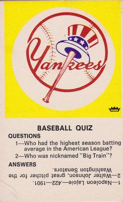 1970 Fleer Official Major League Patches - Quiz Cards #NNO New York Yankees Front