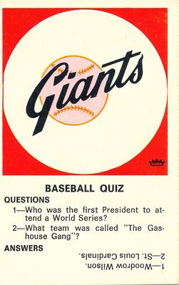 1970 Fleer Official Major League Patches - Quiz Cards #NNO San Francisco Giants Front