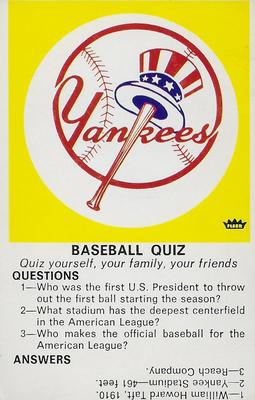 1971 Fleer Official Major League Patches - Quiz Cards #NNO New York Yankees Front