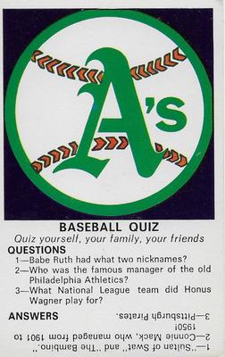 1971 Fleer Official Major League Patches - Quiz Cards #NNO Oakland A's Front