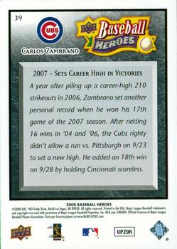 2008 Upper Deck Baseball Heroes - Black #39 Carlos Zambrano Back