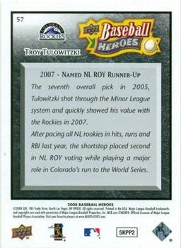 2008 Upper Deck Baseball Heroes - Black #57 Troy Tulowitzki Back