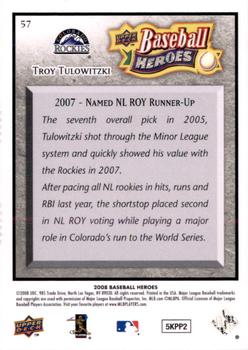 2008 Upper Deck Baseball Heroes - Charcoal #57 Troy Tulowitzki Back