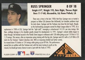 1993 Fleer - Major League Prospects (Series One) #8 Russ Springer Back