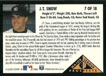 1993 Fleer - Major League Prospects (Series One) #7 J.T. Snow Back