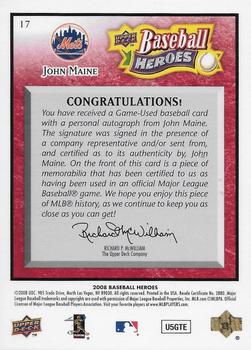 2008 Upper Deck Baseball Heroes - Autographed Memorabilia Red #17 John Maine Back