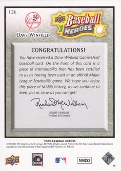 2008 Upper Deck Baseball Heroes - Memorabilia Black #126 Dave Winfield Back