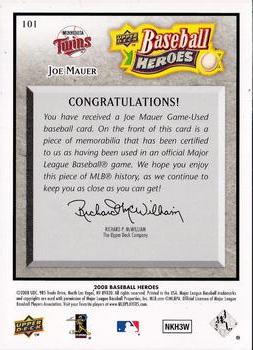 2008 Upper Deck Baseball Heroes - Memorabilia Black #101 Joe Mauer Back