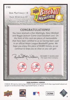 2008 Upper Deck Baseball Heroes - Memorabilia Charcoal #190 Don Mattingly / Dave Winfield / Reggie Jackson Back