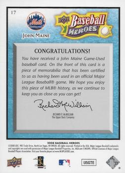2008 Upper Deck Baseball Heroes - Memorabilia Light Blue #17 John Maine Back