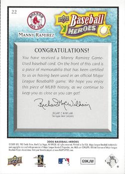 2008 Upper Deck Baseball Heroes - Memorabilia Light Blue #22 Manny Ramirez Back